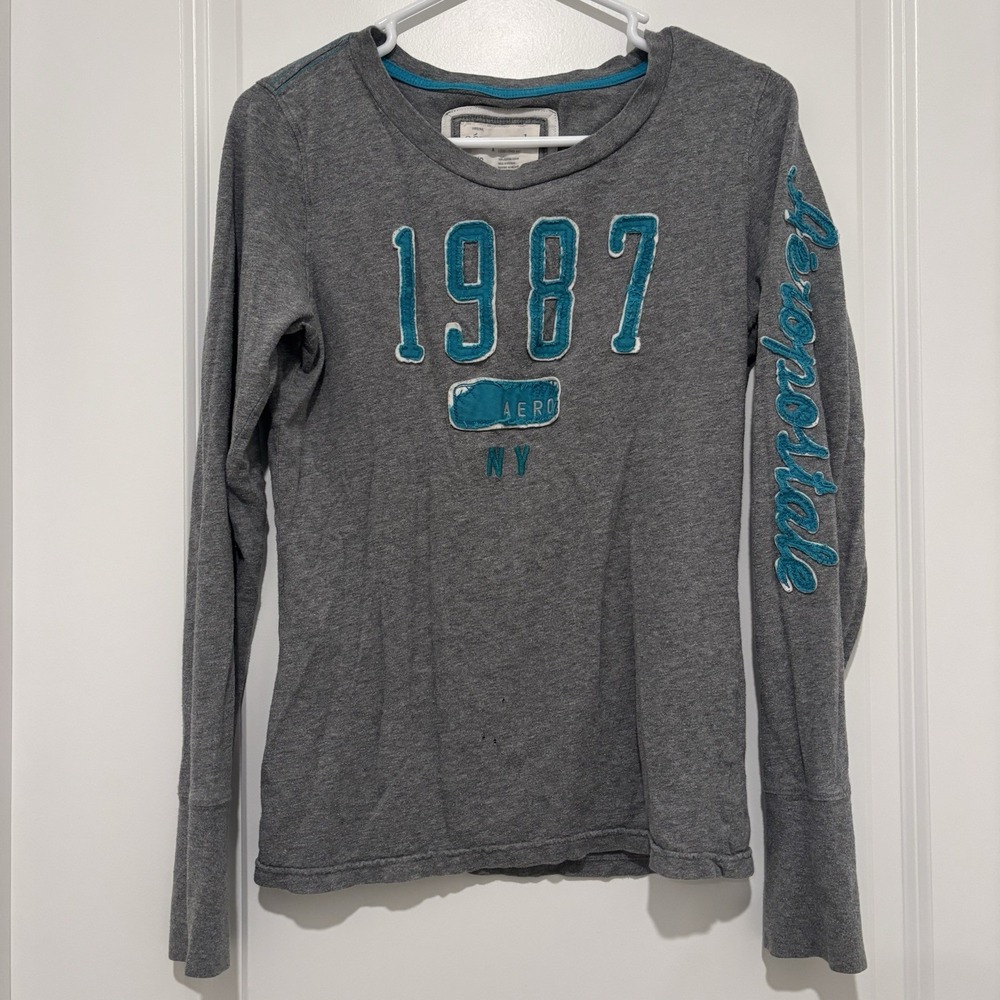 Aeropostale Womens Large Long Sleeve Shirt‎ Gray Aero 1987 NY Y2K